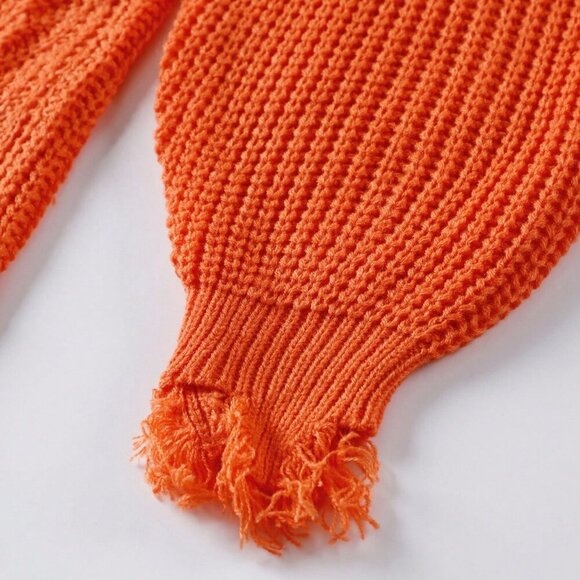 Orange Women's Off Shoulder Sweater Frayed Hem Detail Long Sleeve Pullover - Picture 4 of 8